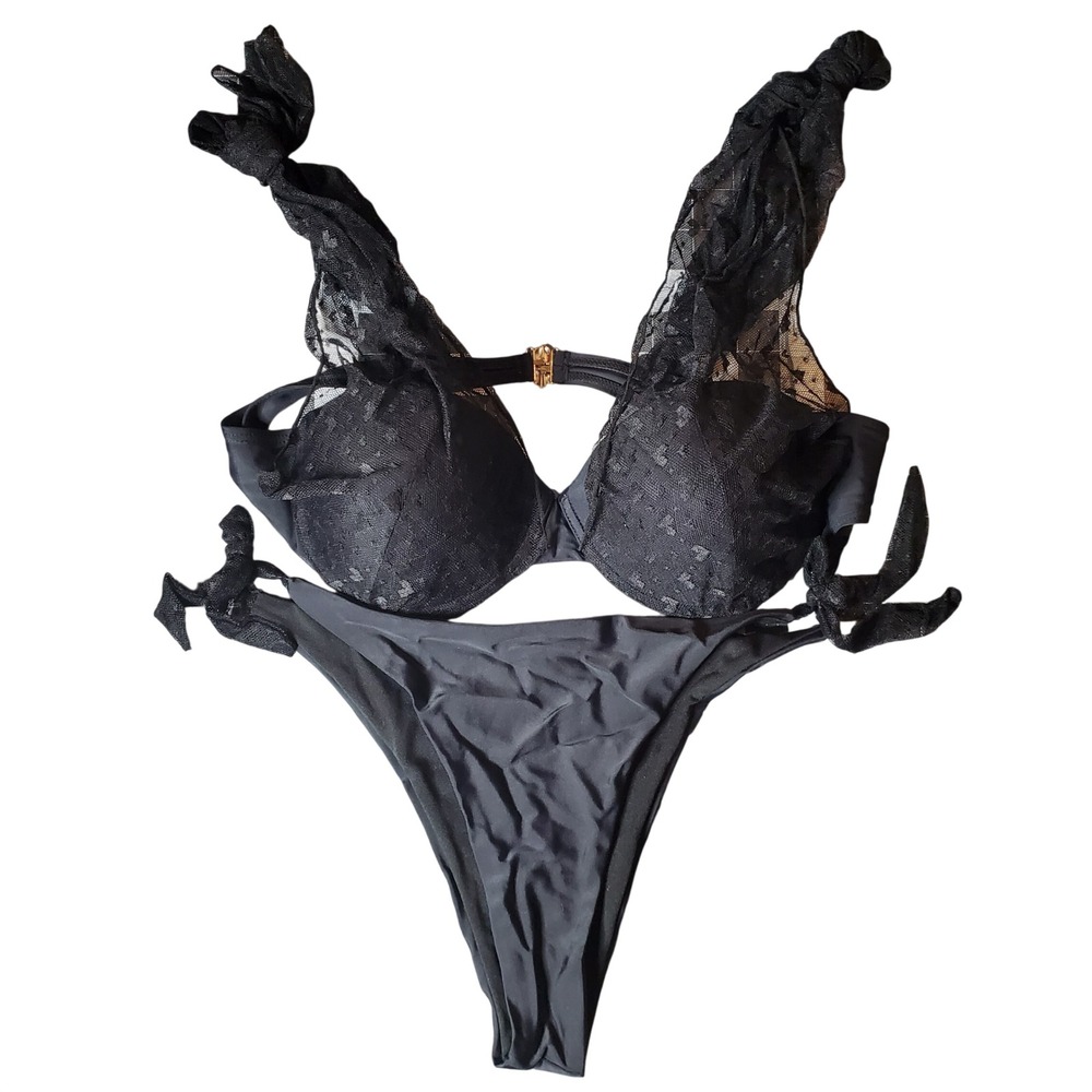 SHEIN Lace Mesh Bikini Set Womens XL Black New Underwire